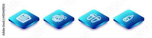 Set Isometric line Bathroom scales, Aftershave, Flip flops and Spray can for hairspray icon. Vector.