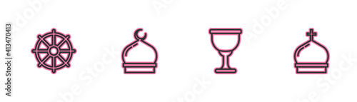 Set line Dharma wheel, Holy grail or chalice, Muslim Mosque and Church tower icon. Vector.