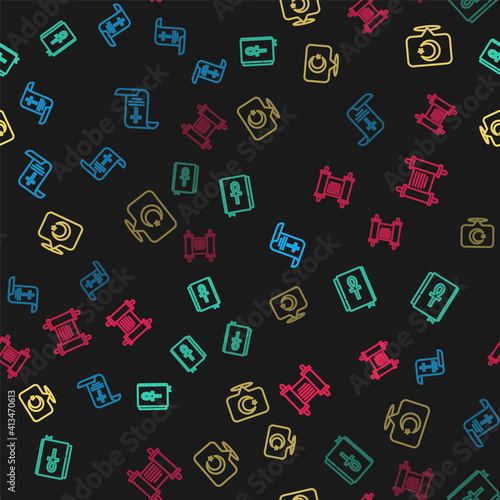 Set line Decree, paper, parchment, scroll, Cross ankh book, Star and crescent and on seamless pattern. Vector.