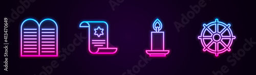 Set line The commandments, Torah scroll, Burning candle and Dharma wheel. Glowing neon icon. Vector.