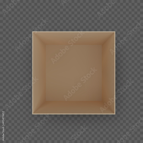 Box top view. Brown empty open cardboard container. Vector