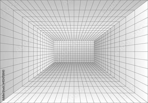 Perspective grid room. Wireframe abstract cube. Data digital visualization. Vector illustration