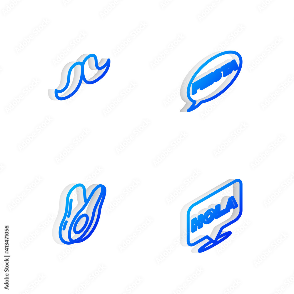 Set Isometric line Fiesta, Mustache, Avocado fruit and Hola icon. Vector. Set Isometric line Fiesta, Mustache, Avocado fruit and Hola icon. Vector.
