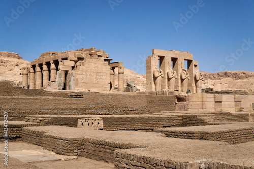 The temple of Ramesses II (Ramesseum) with brick service buildings in the foreground - Thebes, Luxor, Egypt