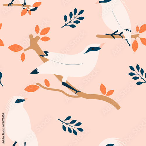 Tropical seamless pattern with Bali myna and plants.