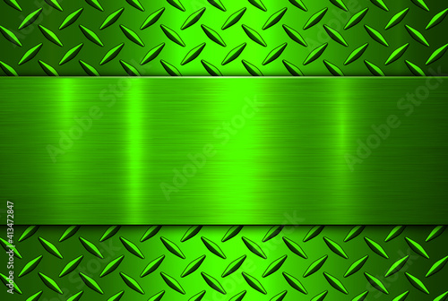 Background green metallic, 3D chrome vector design with diamond plate sheet metal texture.