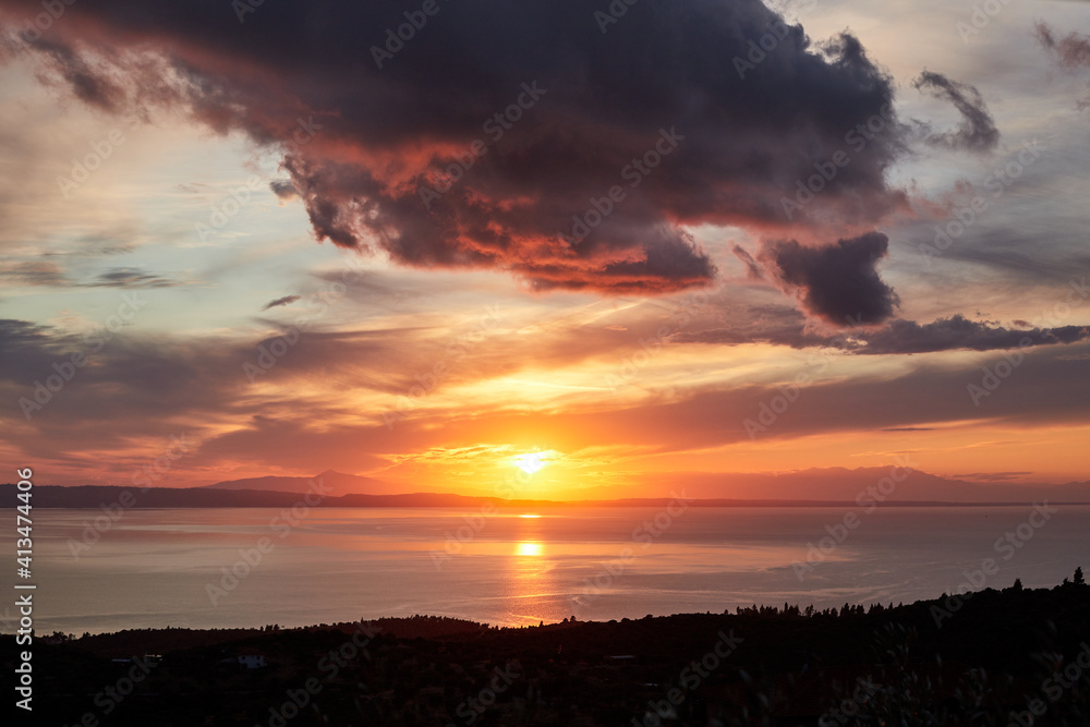 Picturesque sunset in Prathenonas, Sythonia with view to Cassandra - Halkidiki, Greece