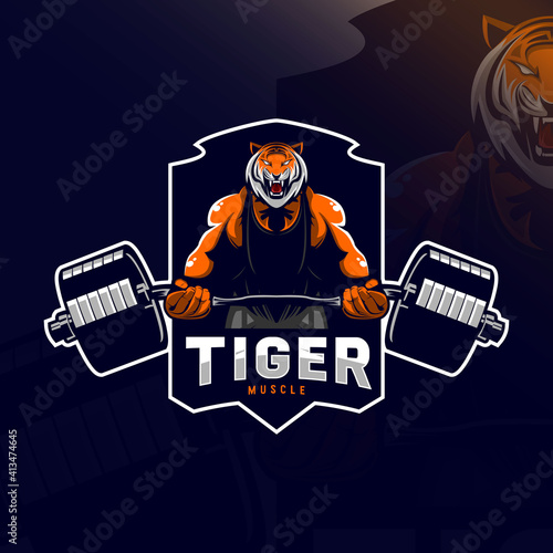 Tiger muscle mascot logo e-sport design