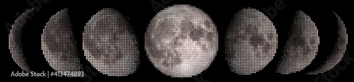 Halftone vector tiles phases of the Moon waxing crescent, first quarter, waxing gibbous, full moon, waning gibbous, third guarter, waning crescent, new moon. Elements of this image furnished by NASA.