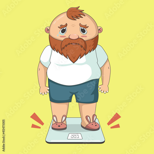 Healthy lifestyle and overweight. Funny cartoon illustration of fat man and proper diet. Sad beard fat guy cry standing on scale.  