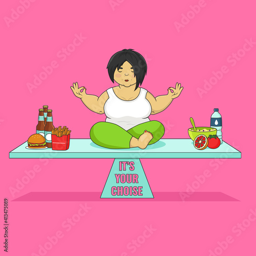 Fat woman and proper diet. Plus size girl sitting on scales, meditate and choise between junk food and good food. Healthy lifestyle. Funny cartoon illustration 