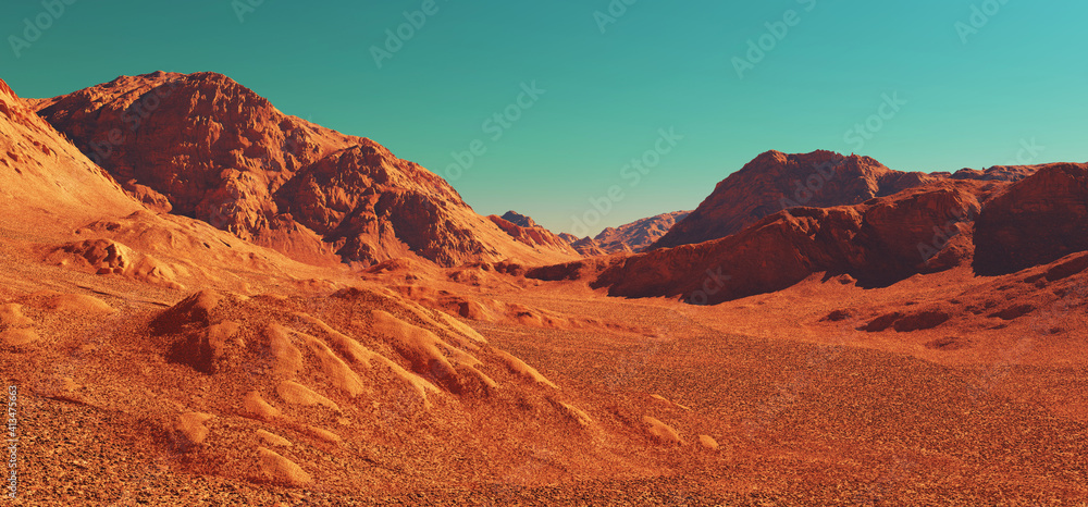 Naklejka premium Mars planet landscape, 3d render of imaginary mars mountain terrain, science fiction illustration.