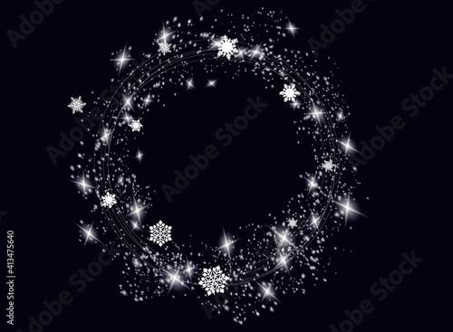 Christmas Snowfall. The circle of snowflakes sparkling transparent beautiful snow isolated on black background Lettering