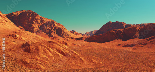Mars planet landscape, 3d render of imaginary mars mountain terrain, science fiction illustration.