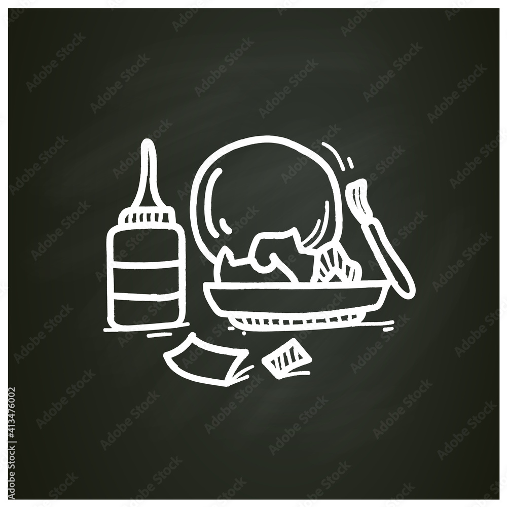 Papier-mache technique chalk icon. Paper pieces and textiles glued with starch, or wallpaper paste Isolated vector illustration on chalkboard