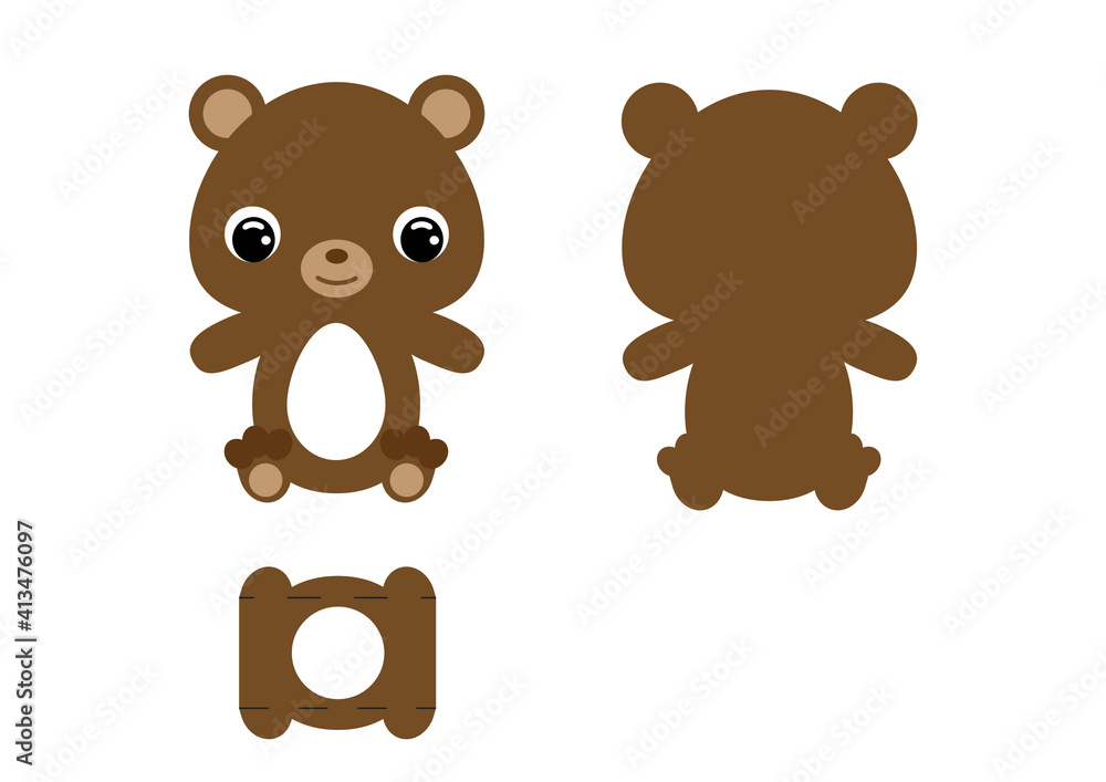 Fototapeta premium DIY cute bear chocolate egg holder template. Retail paper box for the easter egg. Printable color scheme. Laser cutting vector template. Isolated packaging design illustration.