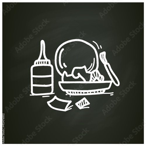 Papier-mache technique chalk icon. Paper pieces and textiles glued with starch, or wallpaper paste Isolated vector illustration on chalkboard