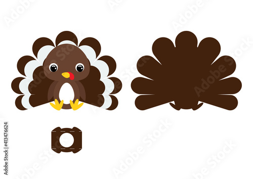 DIY cute turkey chocolate egg holder template. Retail paper box for the easter egg. Printable color scheme. Laser cutting vector template. Isolated packaging design illustration.