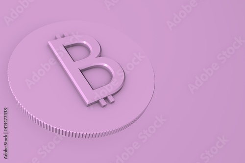Pink bitcoin poster with place for text. The concept of modern technologies and microcircuits. 3D render.