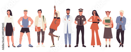 People stand together vector illustration set. Cartoon collection of creative community, young and old man and woman characters of different professions standing in different poses isolated on white