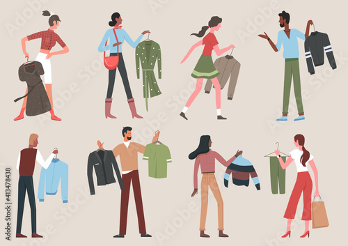 People with clothes hanger vector illustration set. Cartoon young man and woman characters standing, holding hanging dress or jacket, choosing between two clothing during shopping in store or home