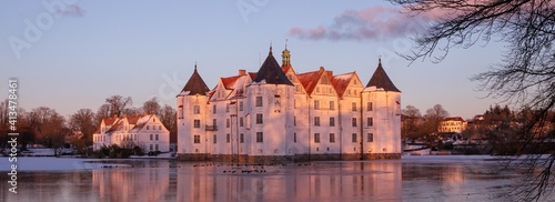 fairytale white moated castle, banner