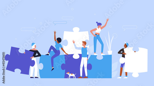 People building creative puzzle concept vector illustration. Cartoon man woman group of characters wearing casual clothes, holding puzzle jigsaw pieces to create success idea startup background