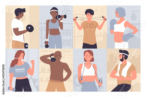 People at sports training workout vector illustration set. Cartoon active young and old man woman sportsman character doing exercises, athlete holding dumbbells or barbell background collection
