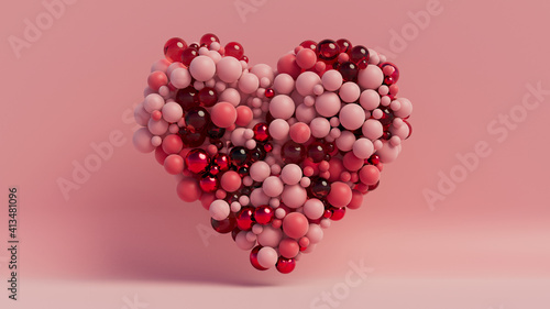 Multicolored Sphere Love Heart. Pink, Red Glass and Red Metallic Spheres arranged in a heart shape. 3D Render 