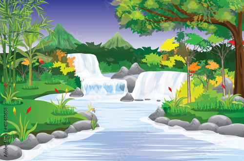 beautiful waterfall in forest vector design