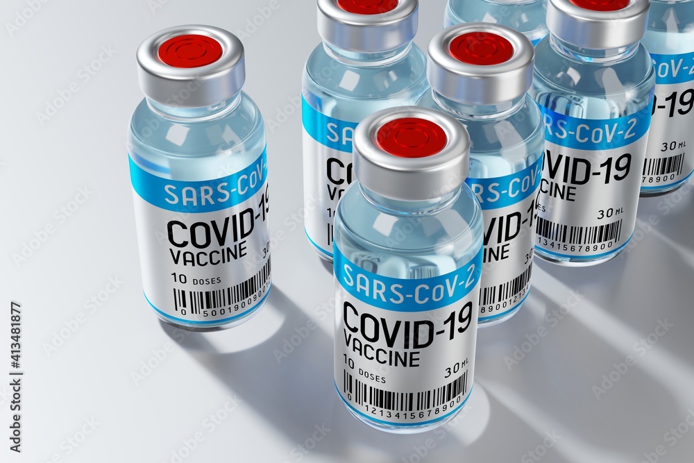 Covid-19 / SARS-CoV-2 / coronavirus vaccine ampoules to fight the pandemic - 3D illustration Covid-19 / SARS-CoV-2 / coronavirus vaccine ampoules to fight the pandemic - 3D illustration