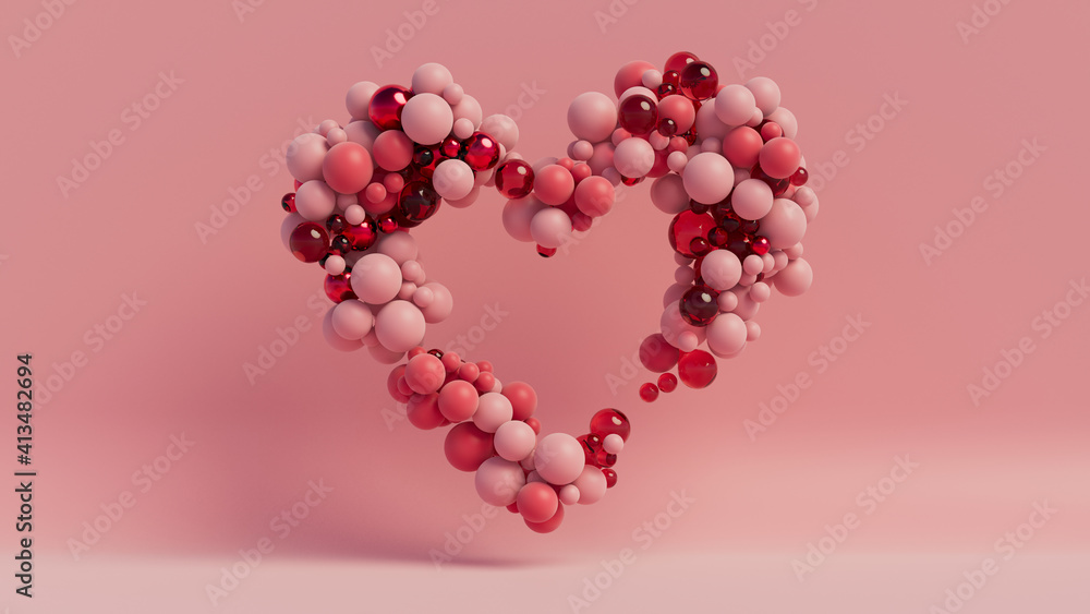 Multicolored Sphere Love Heart. Pink, Red Glass and Red Metallic Spheres arranged in a heart shape. 3D Render Multicolored Sphere Love Heart. Pink, Red Glass and Red Metallic Spheres arranged in a heart shape. 3D Render