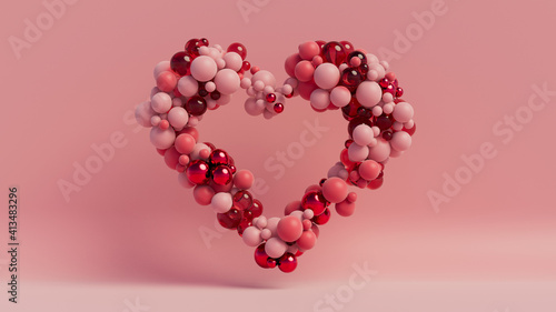 Multicolored Sphere Love Heart. Pink, Red Glass and Red Metallic Spheres arranged in a heart shape. 3D Render  photo
