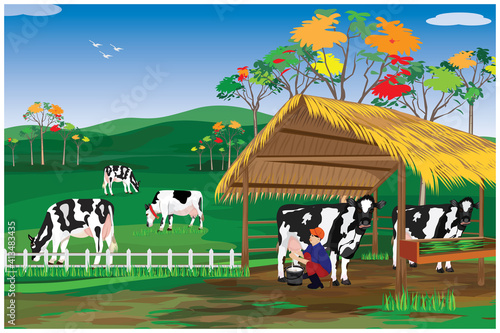 agriculturist Milk from cow at farm vector design
