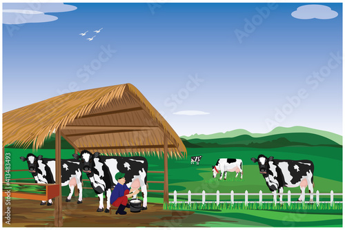 agriculturist Milk from cow at farm vector design