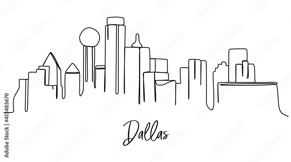 Naklejka premium Dallas of USA skyline - Continuous one line drawing