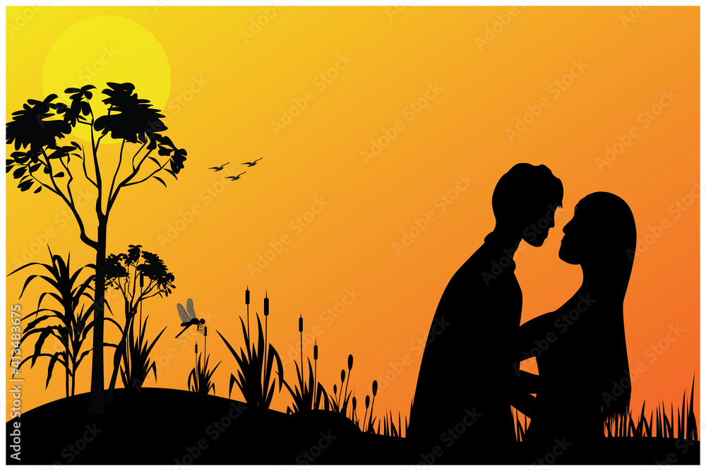 silhouette Young man and woman fall in love cartoon shape vector design