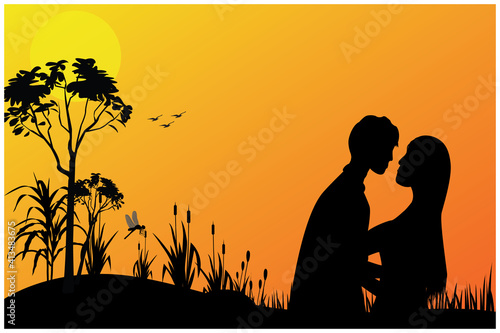 silhouette Young man and woman fall in love cartoon shape vector design