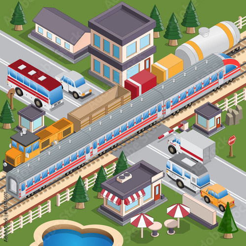 Railroad crossing. Isometric. Landscape. Vector illustration.