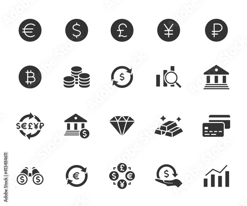 Vector set of currency flat icons. Contains icons investment, exchange rate, bank deposit, coin, financial forecast, bank and more. Pixel perfect.