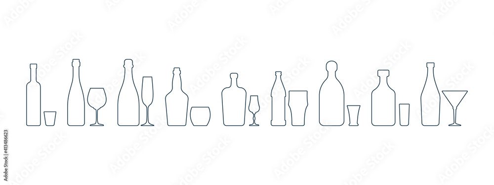 Collection bottle and glassware alcoholic drinks. Simple black line shapes isolated. Illustration on white backdrop. Flat design style. Beer champagne red wine whiskey liquor vodka martini rum tequila