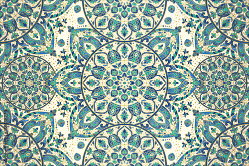 Green and blue Turkish seamless pattern with luxury floral ornament. Traditional Arabic, Indian motifs. Great for fabric and textile, wallpaper, packaging or any desired idea.