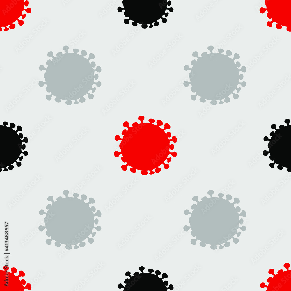 Coronavirus quarantine. Seamless pattern in red-black tones for printing on fabric, paper, wallpaper. Modern vector graphics.