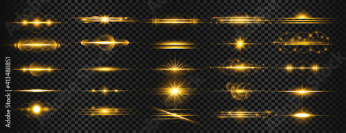Fotografie, Tablou set of golden transparent light lens flares streaks