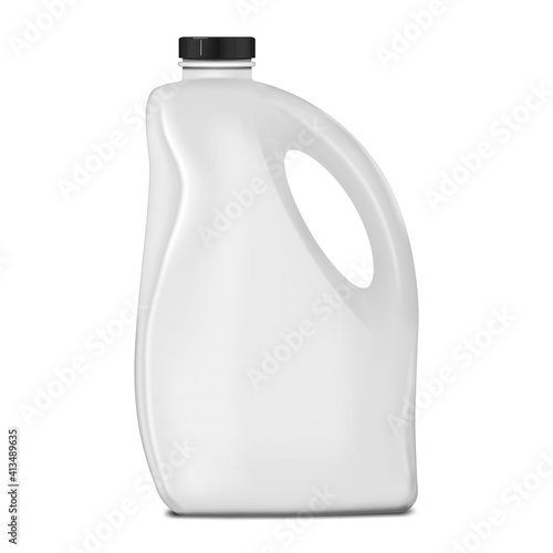 White blank plastic jerry can with black screw cap isolated on white background, mockup. Large bottle with handle, vector mock-up. Liquid product package, template