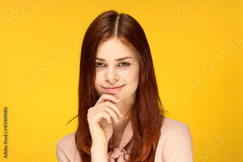 emotional attractive woman glamor studio fashion yellow background