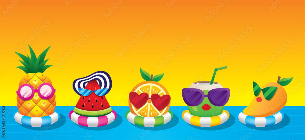 Cute summer fruit character with swim ring vector.