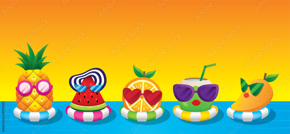 Cute summer fruit character with swim ring vector. Cute summer fruit character with swim ring vector.