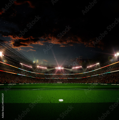 Empty soccer stadium at the evening 3d render