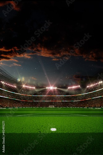 Empty soccer stadium at the evening 3d render © AStakhiv